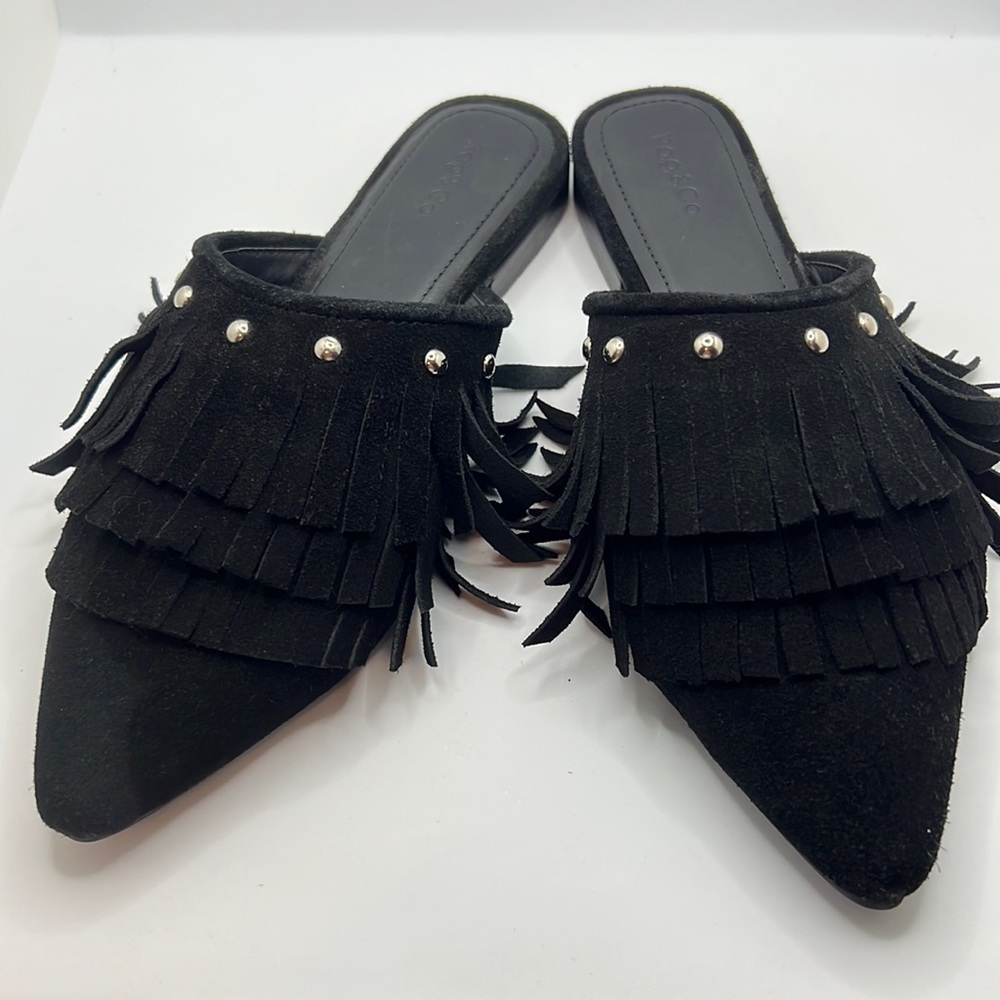 Rag & Co fringe studded black flats leather 8M NWT mules low heel dressy career